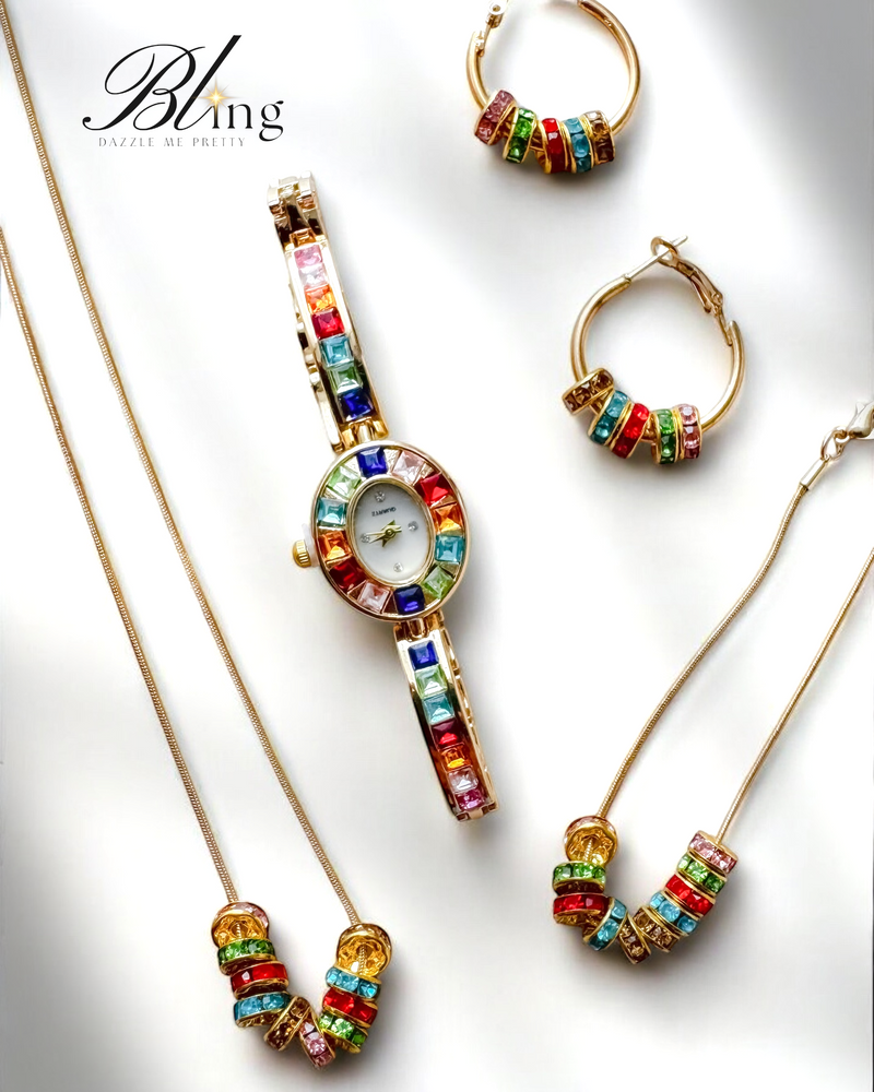 BLING 5pcs Colored Rhinestone Watch Bracelet Necklace Earring Set