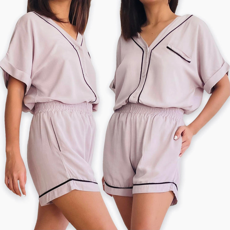 NAHLA  Woven Button Down V-Neck Top and Shorts Set