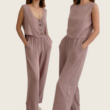 STORK Woven Button Down Sleeveless Top and Pants Set