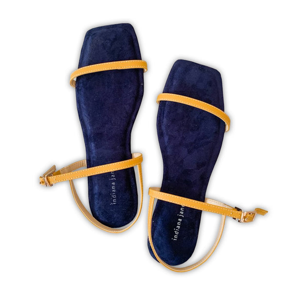 AMETHYST Suede Cushion Flat Sandals Mustard/Navy - Indiana Jane MNL