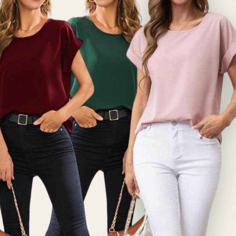 MARA Round Neck Rolled Up Sleeve Top