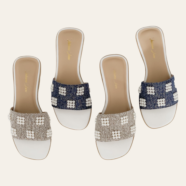 TALA Elegant Pearls-Sewn Strap Slip-On Sandals